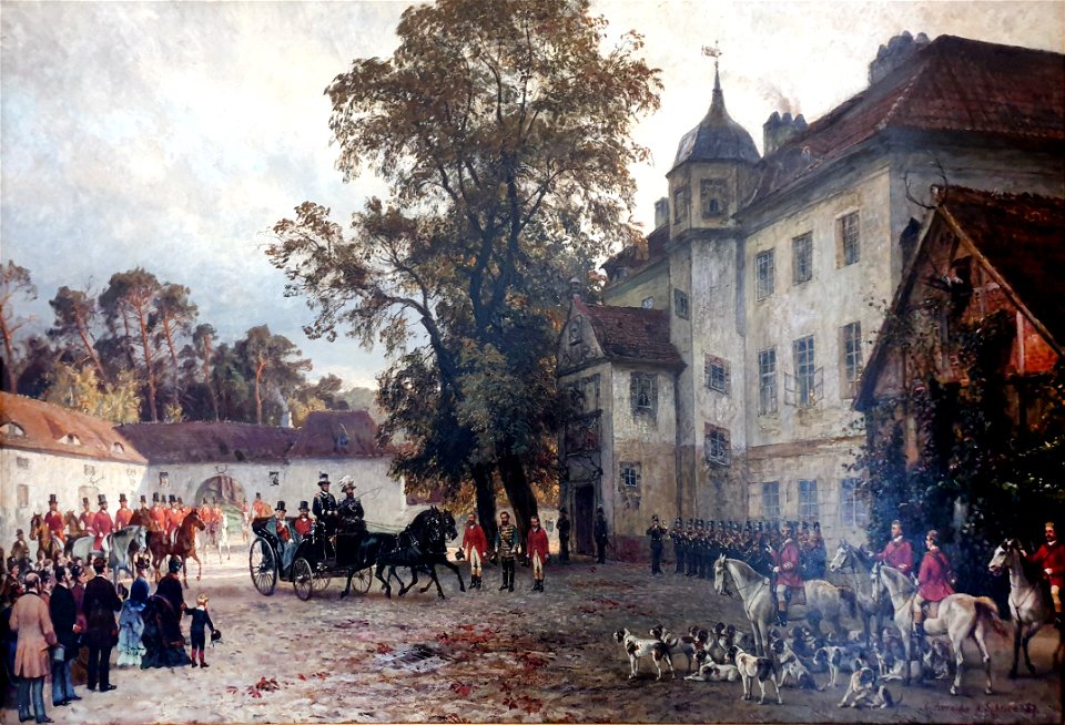 1887 Arnold, Schnee Ankunft Kaiser Wilhelms I. zur Roten Jagd Jagdschloss Grunewald anagoria