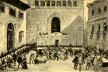 1887, Madrid viejo, Fiestas ante la casa de los Lasos de Castilla el 3 de abril de 1614, Comba (cropped)