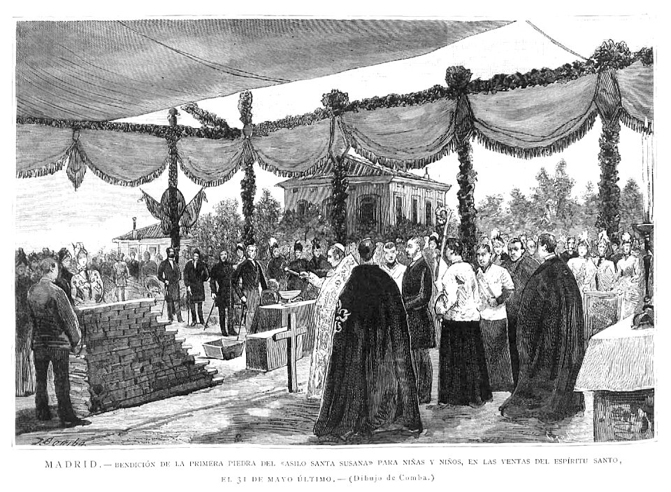 1887-06-15, La Ilustración Española y Americana, Bendición de la primera piedra del Asilo Santa Susana para niños y niñas, en las Ventas del Espíritu Santo, Comba, Capuz