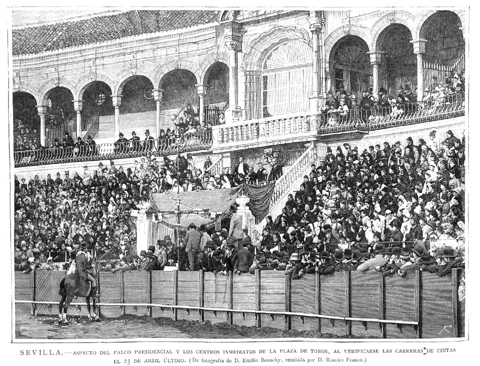 1887-05-15, La Ilustración Española y Americana, Sevilla, Aspecto del palco presidencial y los centros inmediatos de la plaza de toros al verificarse las carreras de cintas el 2 de abril último, Beauchy, Rico