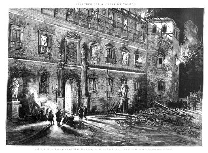 1887-01-15, La Ilustración Española y Americana, Incendio del alcázar de Toledo, Aspecto de la fachada principal, Comba, Rico