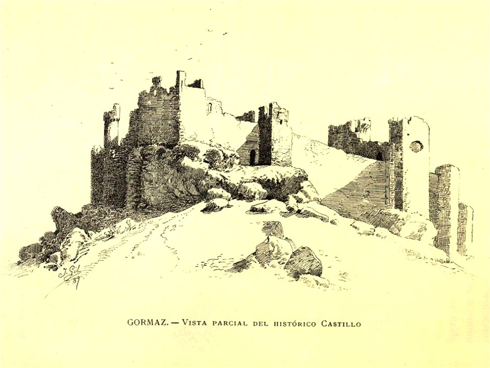 1889, España, sus monumentos y sus artes, su naturaleza e historia, Soria, Gormaz, Vista parcial del histórico castillo, Isidro Gil (cropped)