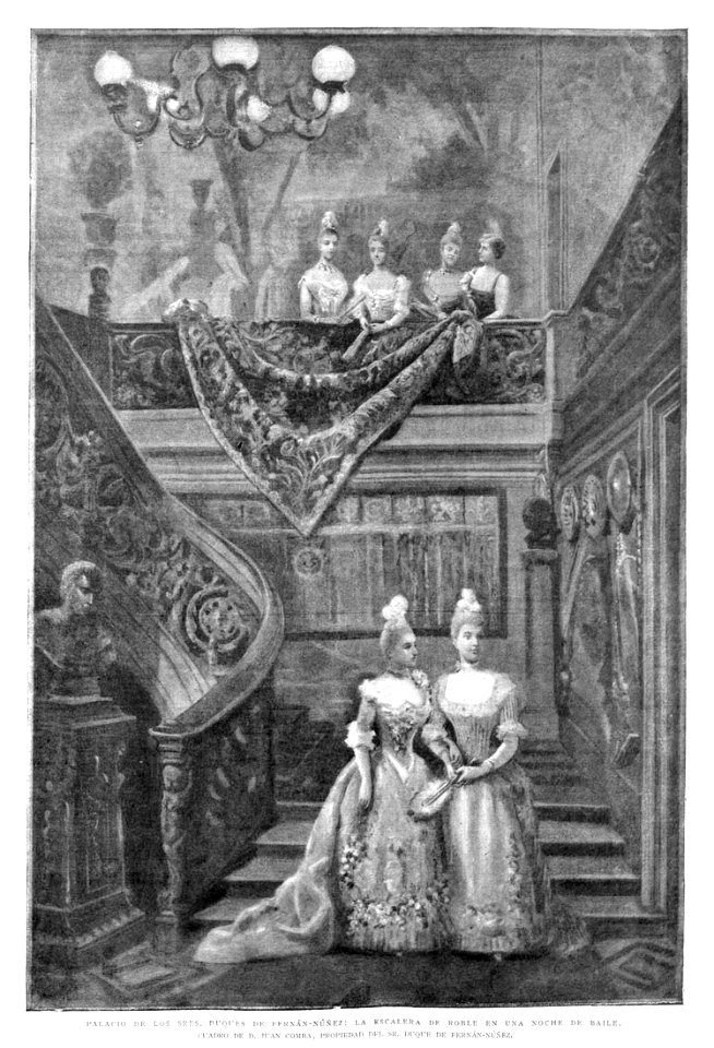 1889-02-28, La Ilustración Española y Americana, Palacio de los Sres. Duques de Fernán-Núñez, La escalera de roble en una noche de baile, Juan Comba