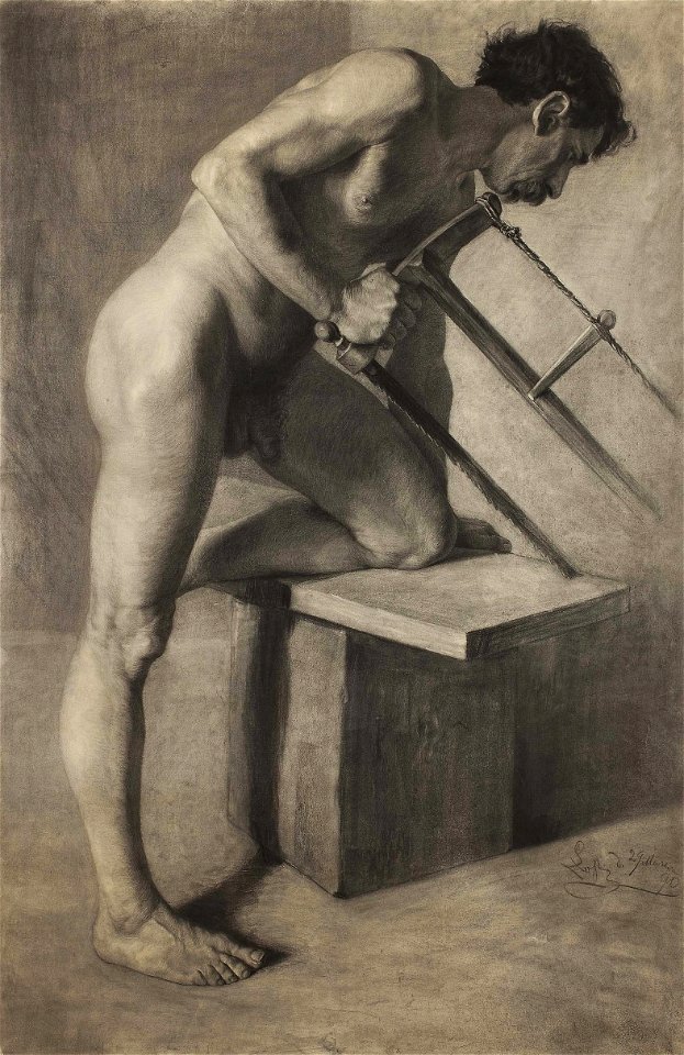 Łopieński Male nude sawing a board