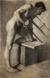 Łopieński Male nude sawing a board