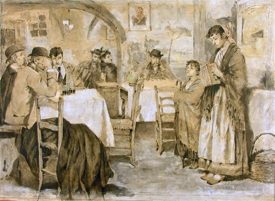 Konstanty Mańkowski - Nasi artyści słuchający śpiewu niewidomej Włoszki 1890