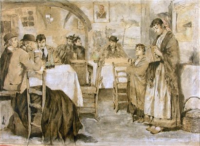 Konstanty Mańkowski - Nasi artyści słuchający śpiewu niewidomej Włoszki 1890. Free illustration for personal and commercial use.
