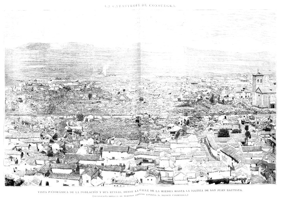 1891-09-22, La Ilustración Española y Americana, La catástrofe de Consuegra, Vista panorámica de la población y sus ruinas, desde la calle de la Hiedra hasta la iglesia de San Juan Bautista, Caldevilla, Rico
