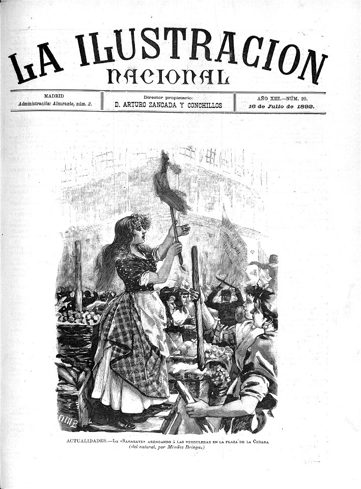 1892-07-16, La Ilustración Nacional, La Sarasate arengando a las verduleras en la plaza de la Cebada, Méndez Bringa
