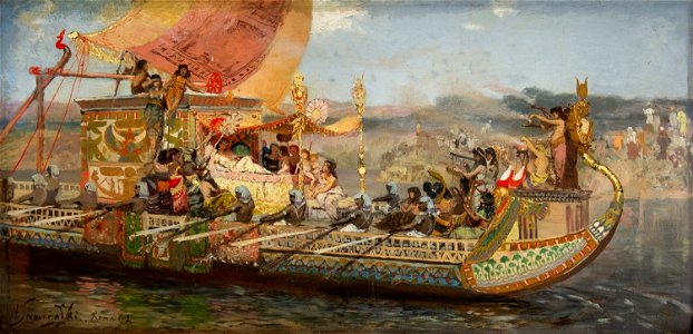 Henryk Siemiradzki - Cleopatra sailing across the Cygnus river for encounter with Marcus Antonius. Free illustration for personal and commercial use.
