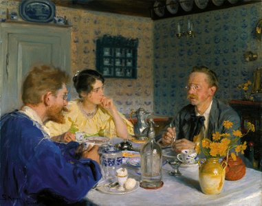 Peder Severin Krøyer - A luncheon. The artist, his wife and the writer Otto Benzon - Google Art Project. Free illustration for personal and commercial use.