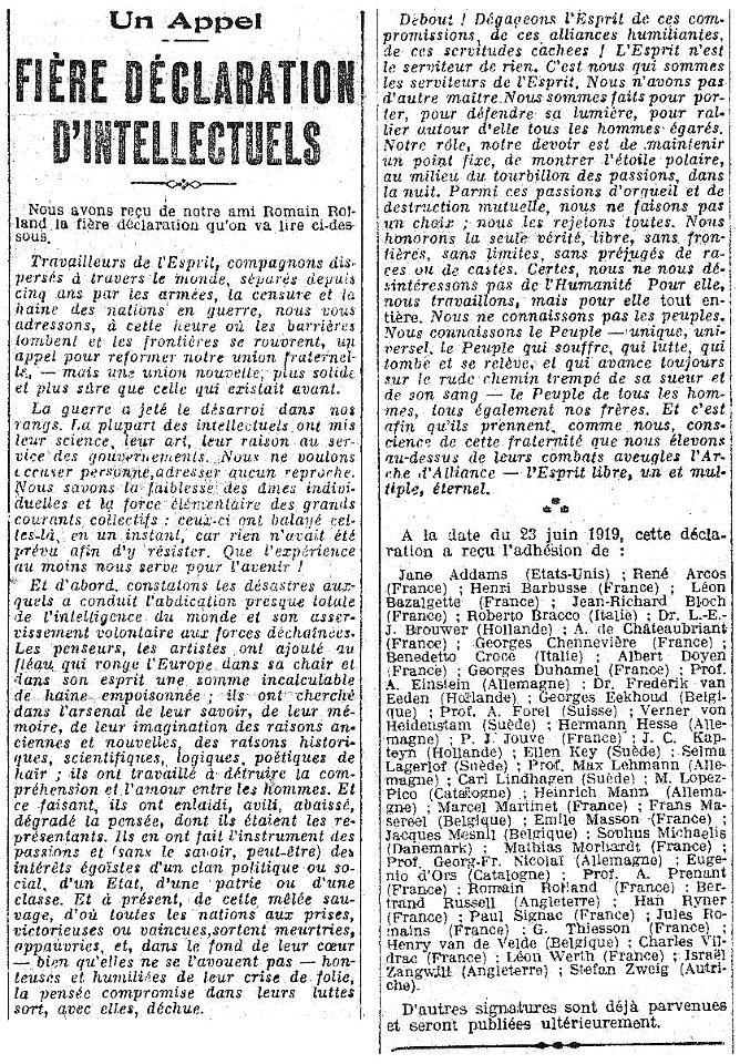 Fière déclaration d'intellectuels 1919