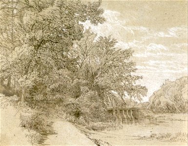 Aaron Draper Shattuck - 'Tariffville, Connecticut, Farmington River', ink with white heightening, 1867