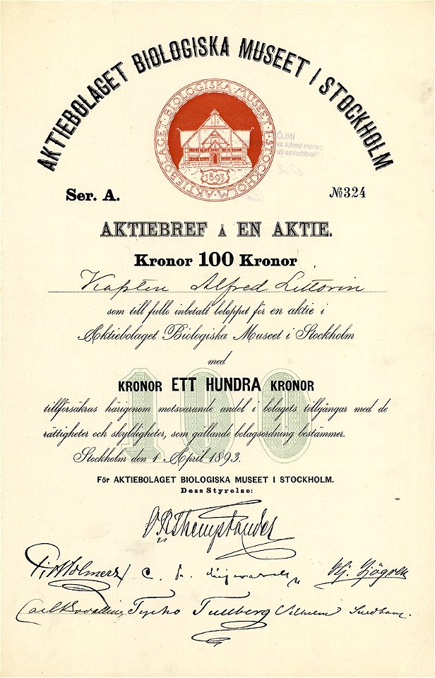AB Biologiska Museet 100 skr 1893