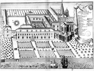 Abbaye de Landévennec gravure ancienne -Les Vies des saints dans l'ancienne Armorique par Albert le grand page 681-