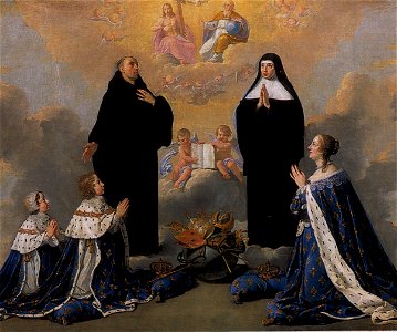 Anne of Austria with her children (King Louis XIV and Philippe, Duke of Anjou) praying to the Holy trinity (Philippe de Champaigne). Free illustration for personal and commercial use.