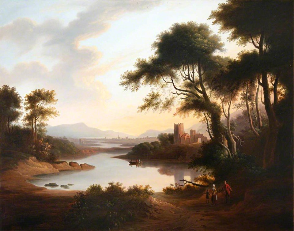 Anne Gibson Nasmyth (1798-1874) - River Landscape with Figures by the Banks, a Castle and a Town beyond - 1548034 - National Trust