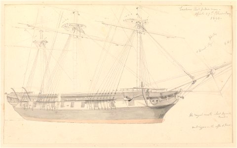 Annotated drawing of 'Larkins East Indiaman, April 27th (Thursday) 1843' RMG PY3776