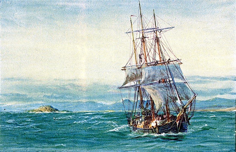 Annotated proof, sailing vessel off a coast RMG PV1006