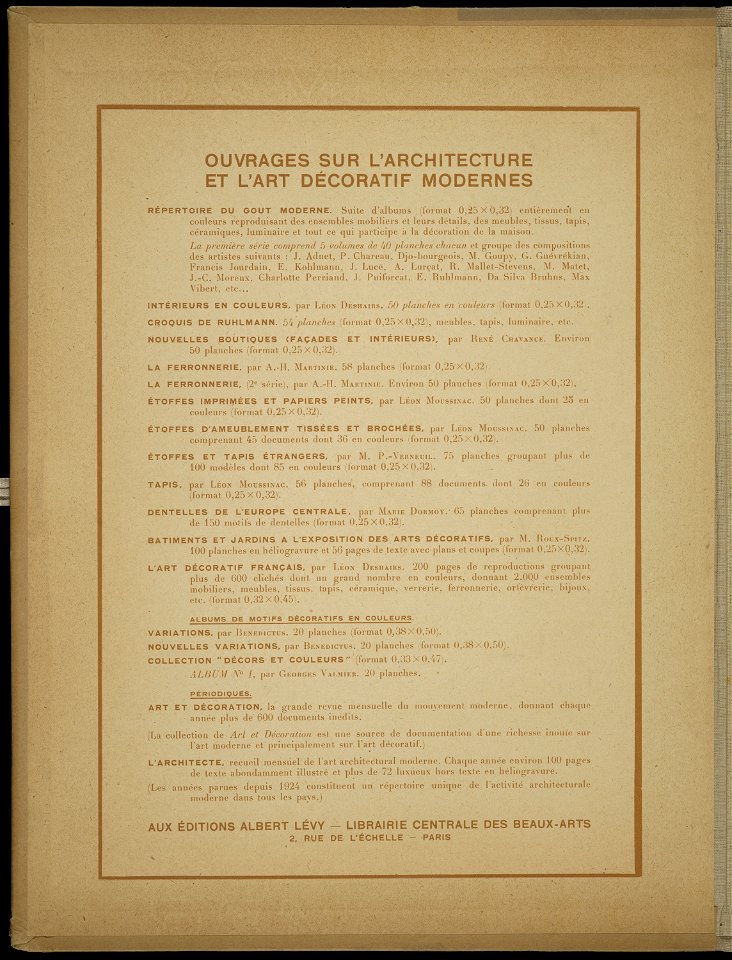 Annonce publicitaire des ouvrages sur l'architecture et l'art décoratif modernes publiés par les éditions Albert Levy (jlpw16 0011)