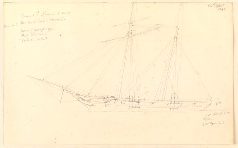 Annotated drawing of a schooner, 24 April 1843 RMG PY3775