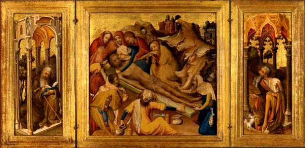 Anoniem ca. 1410-1420 - H. Antonius (links), De balseming van het lijk van Christus (midden), Johannes de Doper (rechts) - 3723 (OK) - Museum Boijmans Van Beuningen