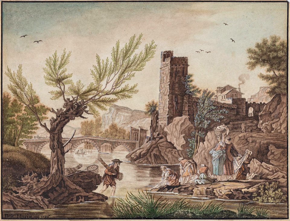 Anon-Riverside- - riverside scene - 1786