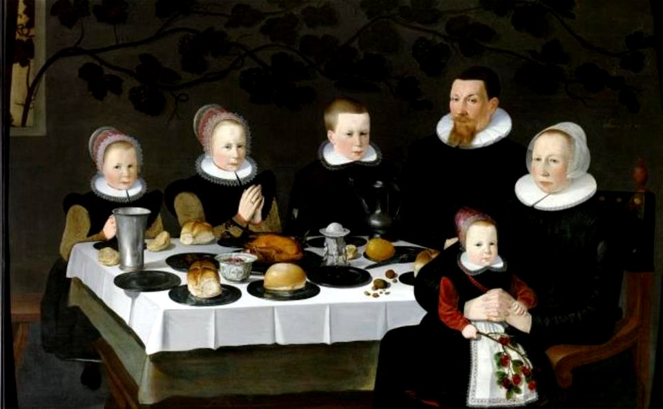 Anoniem Noordelijke Nederlanden (historische regio) 1627 gedateerd - Familieportret van een onbekend, mogelijk protestants, gezin rond een gedekte tafel - RMCC s49 - Museum Catharijneconvent