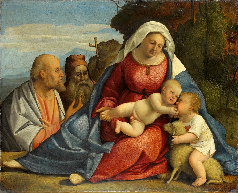 Anoniem - Maria met het kind, de kleine Johannes de Doper, Petrus en Antonius de Heremiet