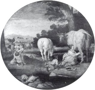Anoniem Noordelijke Nederlanden (historische regio) eerrste kwart 17e eeuw en trant van Esaias van de Velde - Landschap met melkmeid en spelende kinderen, de maanden Maart en April - 2070 - Städel Museum