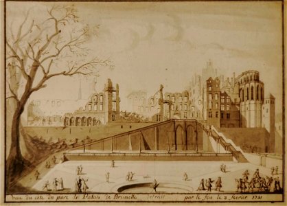 Anoniem, Veue du cote du parc du Palais de Brusselle detruit par le feu le 3 fevrier 1731, 46,8 x 62,3 cm (KBR)