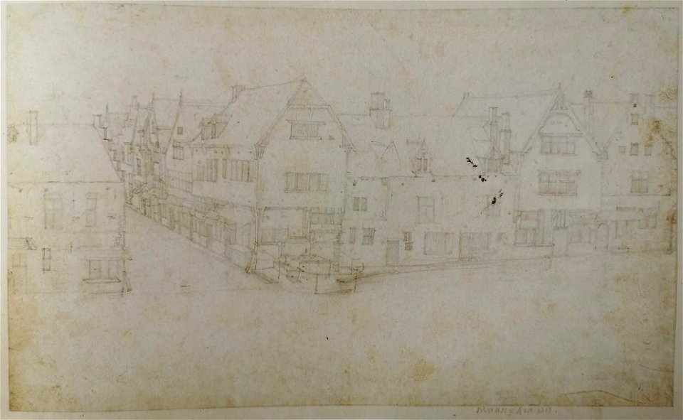 Anoniem, De hoek van Stoofstraat en Eikstraat met Manneken Pis, 18,5 x 31 cm (KBR)