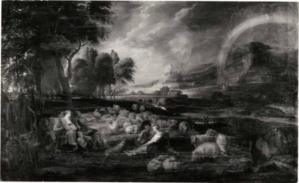 Anoniem Zuidelijke Nederlanden (historische regio) na 1635 naar Peter Paul Rubens - Landschap met rustende en musicerende landlieden, in de lucht een regenboog - GG 681 - Kunsthistorisches Museum