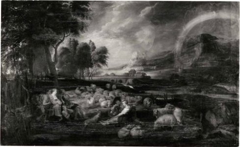 Anoniem Zuidelijke Nederlanden (historische regio) na 1635 naar Peter Paul Rubens - Landschap met rustende en musicerende landlieden, in de lucht een regenboog - GG 681 - Kunsthistorisches Museum