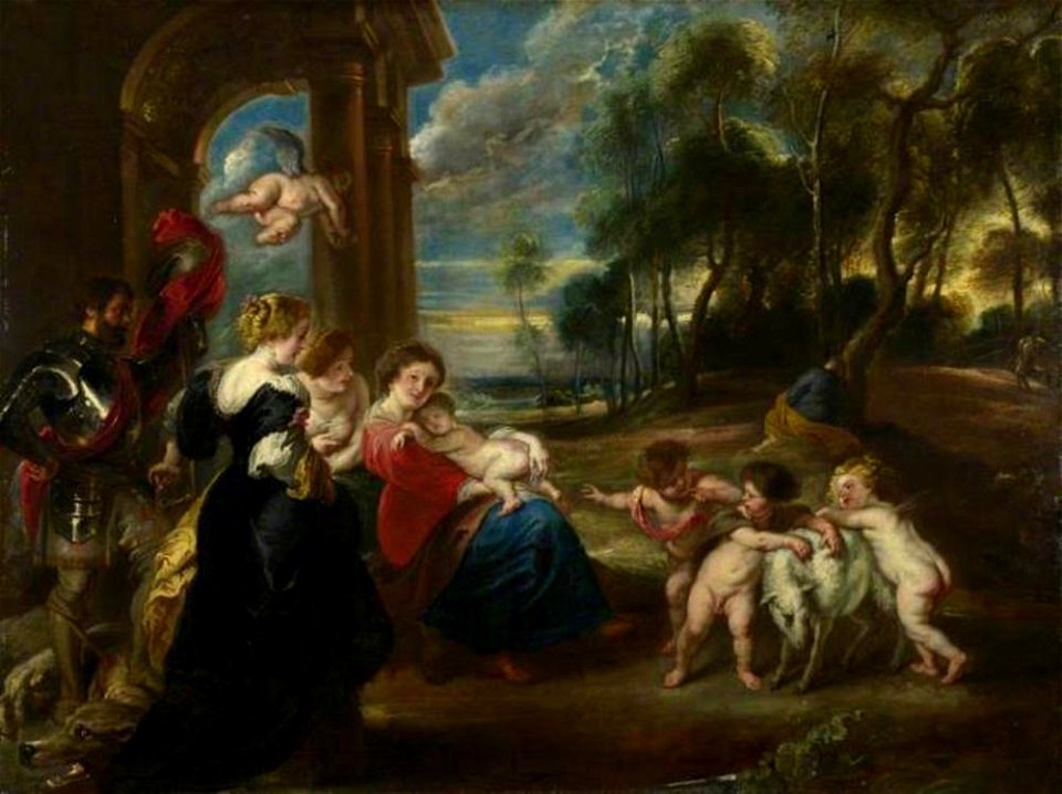 Anoniem Zuidelijke Nederlanden (historische regio) na 1635 naar Peter Paul Rubens - Landschap met de rust tijdens de vlucht naar Egypte en enkele heiligen - NG67 - National Gallery