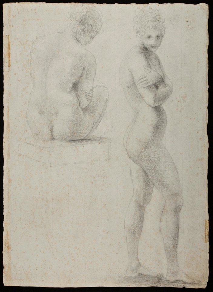 Anonio Canova, Nudo femminile seduto su un podio, di schiena, con il capo verso destra; Nudo femminile stante di profilo, con le braccia incrociate sul petto e il capo girato verso l’osservatore, 1800-1805 circa. Matita su