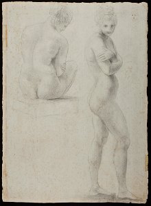 Anonio Canova, Nudo femminile seduto su un podio, di schiena, con il capo verso destra; Nudo femminile stante di profilo, con le braccia incrociate sul petto e il capo girato verso l’osservatore, 1800-1805 circa. Matita su