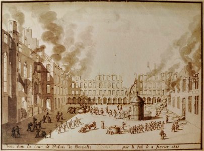 Anoniem, Vue dans la cour - le Palais de Brusselle détruit par le feu le 3 février 1731, 46,7 x 63 cm (KBR)