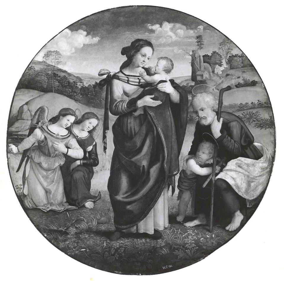 Anonimo sec. XVI, Sacra Famiglia con san Giovannino e angeli, 106360