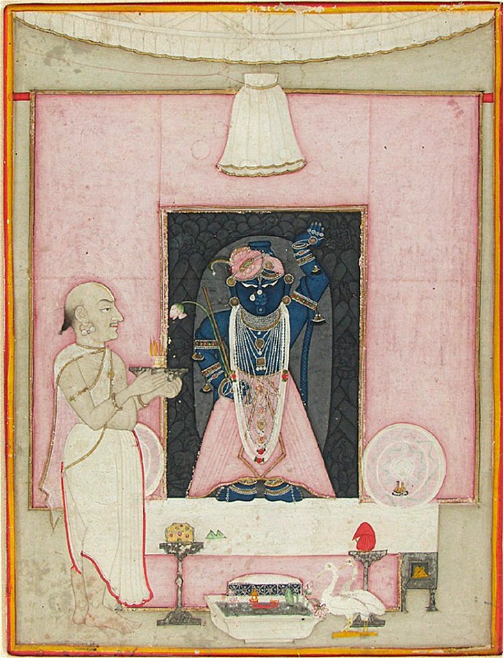 Anonymous - A Priest makes Offerings to Shrinathji at Jal Vihar (Water Sports Ceremony) - 1995.104 - Arthur M. Sackler Museum