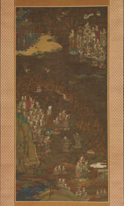 Anonymous - Descent and Return of Amida to Western Paradise with a Believer's Soul (Gōshō mandara) - 1975.268.21 - Metropolitan Museum of Art
