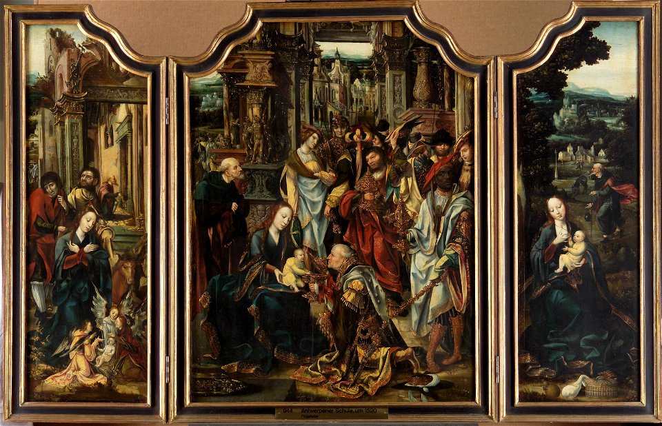 Anonymous - Flügelaltar, Mittelbild, Anbetung der Könige, linker Flügel, Anbetung der Hirten, rechter Flügel, Ruhe auf der Flucht nach Ägypten - GG 944 - Kunsthistorisches Museum