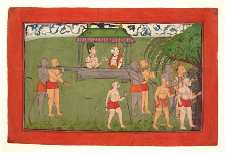 Anonymous - Lakshmana and Sugriva Being Carried by Palanquin to Receive Rama's Blessings, Folio from the dispersed “Mankot Ramayana series - 1978.540.1 - Metropolitan Museum of Art