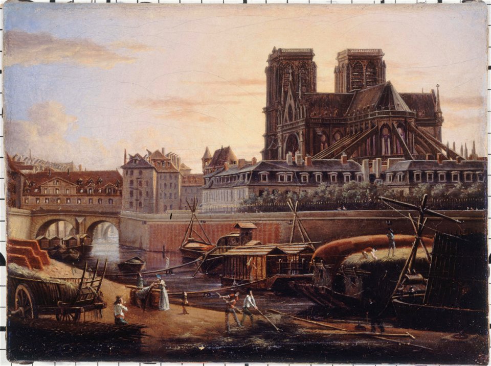 Anonymous - Le pont Saint-Charles, l'Hôtel-Dieu, l'Archevêché et Notre-Dame, vus du quai de la Tournelle, vers 1820 - P664 - Musée Carnavalet
