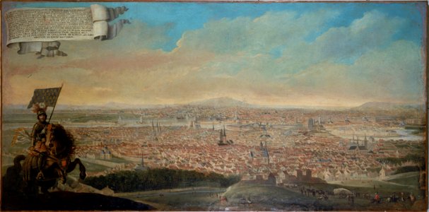 Anonymous - Vue cavalière de Paris avec le portrait équestre de Pépin des Essarts. - P637 - Musée Carnavalet