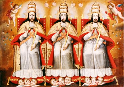 Anonymous Cusco School - The Enthroned Trinity as Three Identical Figures - Google Art Project. Free illustration for personal and commercial use.