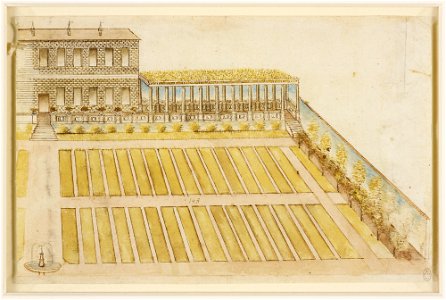Anonymous Italian, 16th century - RCIN 912689, The façade of a villa with a rusticated colonnade and walled garden c. 1550