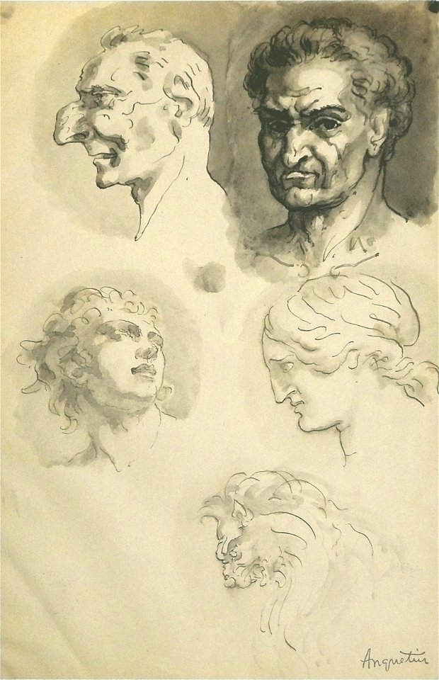 Anquetin L. - Ink Wash - Etude de têtes, dont un autoportrait présumé et une tête de lion - ~33x21cm