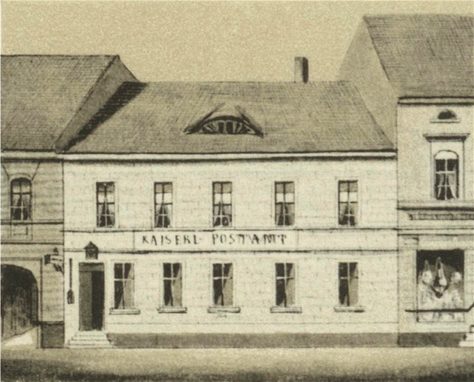 Ansichten preussischer Städte- Dobrilugk-Kirchhain. Das Kaiserl. Postamt in Kirchhain. Ehregott Zschille 1891 (Alter Fritz)