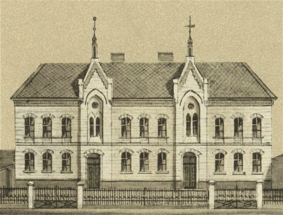 Ansichten preussischer Städte- Dobrilugk-Kirchhain. Die Schule in Kirchhain. Ehregott Zschille 1891 (Alter Fritz)
